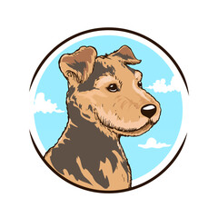 Lakeland terrier dog head drawing in a circular logo template. Dog head hand drawn illustration, vector