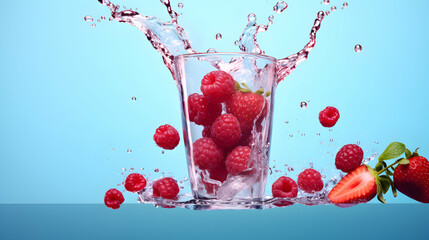 Juicy Berry Juice Splash in Glass on Pastel Blue Background. Fresh Fruits, Isolated.