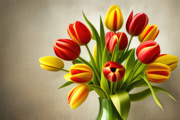 a bouquet of red and yellow tulips in a vase on a background, a festive universal card for the design of your congratulations