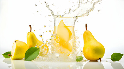 Pear Juice in Glass with Splashing Fruit, White Background