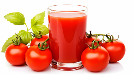 Glass of Tomato Juice and Fresh Tomatoes Arranged on White Background.