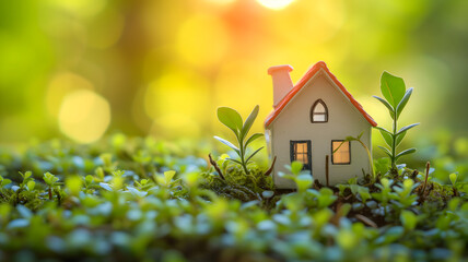 Spring background with a tiny toy house symbolizing family mortgage construction rental and property concepts. Neural network generated image. Not based on any actual person or scene.