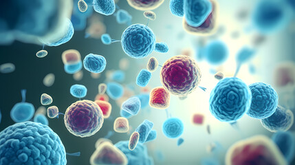 Various shapes of bacteria, probiotics under microscope, science, medicine concept background