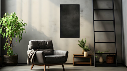 Modern Living Space Featuring Textured Wall adn frame poster Mockup, Wooden Ladder. Grunge Wabi Sabi Style and Contemporary Design. Hipster Home Decor Inspiration.