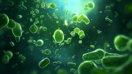 Fototapeta na wymiar Various shapes of bacteria, probiotics under microscope, science, medicine concept background