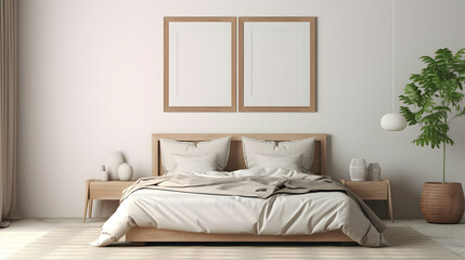 Fototapeta premium Poster frame mockup hanging above bed in cozy bedroom, simple stylish design interior