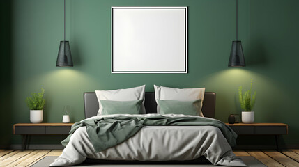 Mockup frame on green wall in the bedroom. A large bed with pillows and bedding. Decorative lights and bedside tables on the sides.