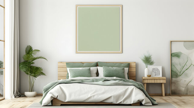 Bedroom with double bed in green and white colors, bedside tables and plants. Canvas mockup hangs above the bed. Big windows. Simple style. 