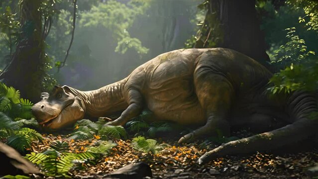 A gentle brontosaurus napping on a bed of leaves in a treetop grove snoring softly as it rests.