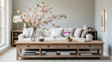 Scandinavian living room with wooden console table and spring flowers.