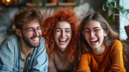 Three friends laughing hard while telling jokes and making memories. - obrazy, fototapety, plakaty