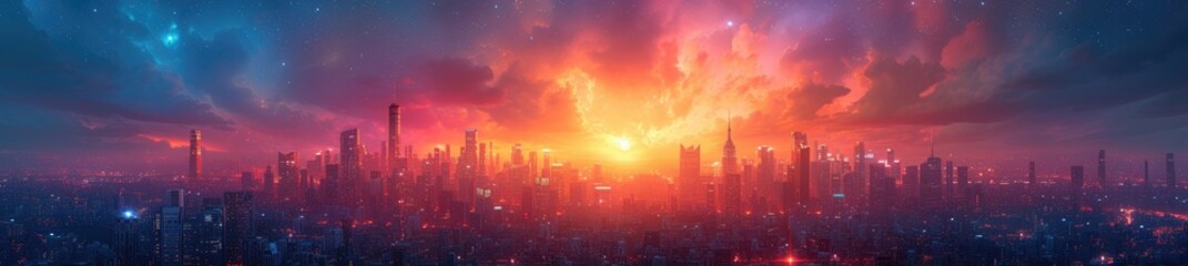 A cosmic cityscape shrouded in the glow of ethereal nebulae, where futuristic skyscrapers touch the stars 