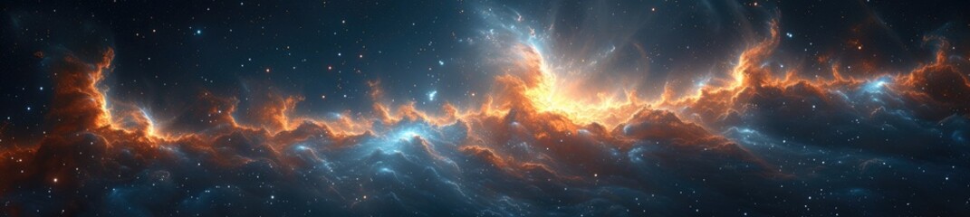 A massive cosmic gate connects two distant star systems, surrounded by the awe-inspiring glow of interstellar clouds