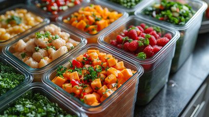 Plastic bins full of fresh and raw ingredients. Packing for the week. Chopped colorful ingredients.