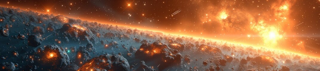 A space convoy navigates through a dazzling asteroid field, enveloped in the brilliance of distant...