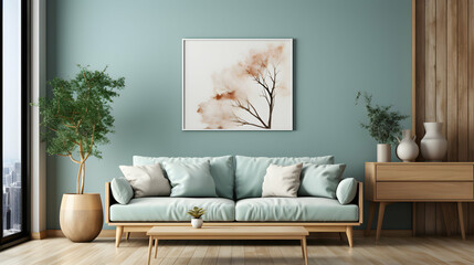 Contemporary Living Room Setting with Stylish Mint Sofa and Mockup Poster Frame. Ideal for Home Decor Inspiration.