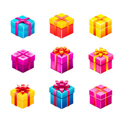 Set of colorful gift boxes with ribbons and bows isolated on white background. Vector illustration