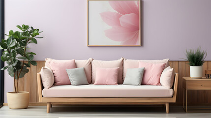 Fototapeta na wymiar Chic Interior of Living Room Featuring Mockup Poster Frame, Trendy Pink Sofa, and Modern Decor Elements. Perfect for Interior Styling Ideas.