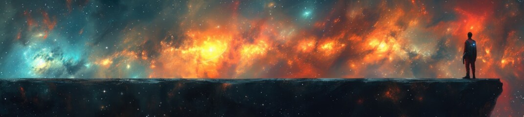 A space explorer stands at the edge of a celestial cliff, overlooking a vast expanse of swirling galaxies