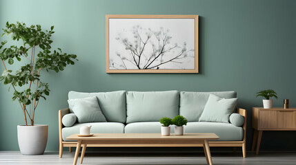 Modern Mint Living Room Interior with Mockup Poster Frame, Trendy Mint Sofa, and Elegant Decor. Perfect for Interior Design Concepts.