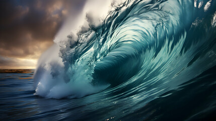 Fototapeta premium Golden Hour Surfing: Close Up of Wave Barrel at Sunrise or Sunset