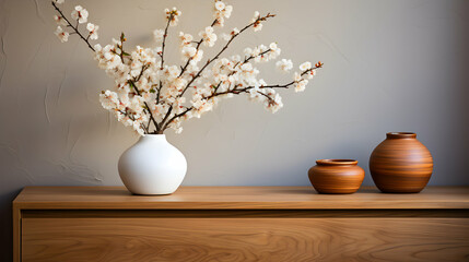 Panoramic header of wooden vase with spring flowers on the wooden console table. Textured wall as background.