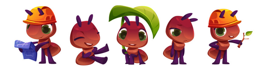 Cute brown ant cartoon character in different poses. Vector set of funny childish insect mascot work and rest. Small ant in helmet stand with blueprints of house and plant branch, laughing and sad.