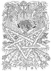 Fantasy engraved illustration with beautiful african woman as witch or magician for coloring page. Hand drawn graphic line art with ethnic concept as tattoo, poster or card.