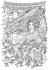 Fototapeta na wymiar Fantasy engraved illustration with beautiful asian woman as witch or magician for coloring page. Hand drawn graphic line art with ethnic concept as tattoo, poster or card.