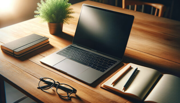 Workspace with Open Laptop and Notebook on Desk