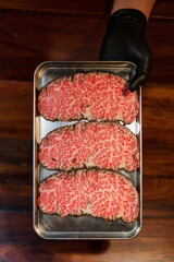 Beef marbled slice. Wagyu beef Japanese premium product.