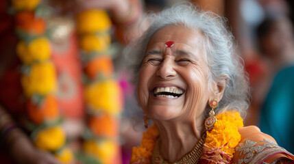 Obraz premium Genuine laughter of a Hindu middle aged woman during a wedding celebration.