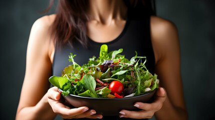 No face shot of woman holding bowl filled with fresh greens salad and tomatoes