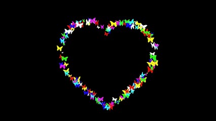 Beautiful illustration of heart shape with colorful butterflies on plain black background
