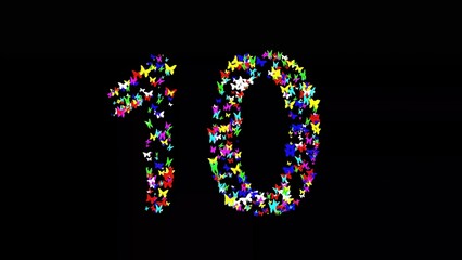 Beautiful illustration of number 10 with colorful butterflies on plain black background