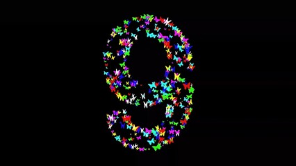 Beautiful illustration of number 9 with colorful butterflies on plain black background
