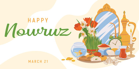 Illustration of a seed (grass) with an oval mirror, eggs, sweets, apples and a lit candle. Greeting card for the celebration of Happy Nowruz, Persian New Year. Vector illustration in katroon style.