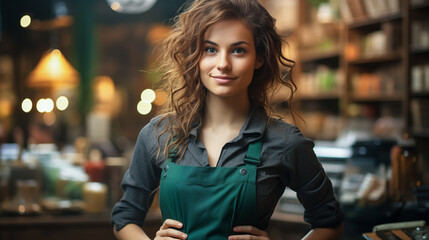 A young woman wearing a supermarket uniform stands confidently in front of neatly organised shelves stocked. Friendly and helpful customer service. Generative AI.