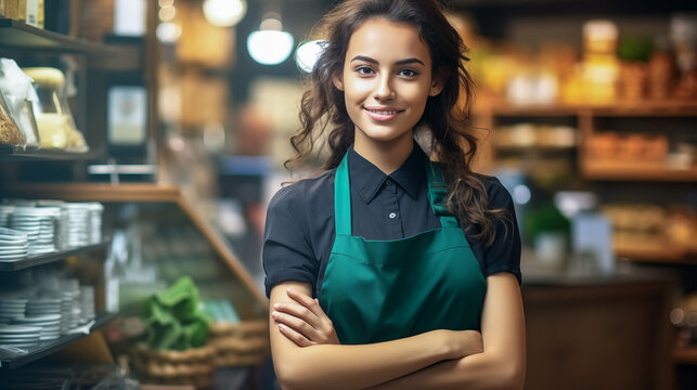 A young woman wearing a supermarket uniform stands confidently in front of neatly organised shelves stocked. Friendly and helpful customer service. Generative AI.
