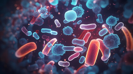 Various shapes of bacteria, probiotics under microscope, science, medicine concept background