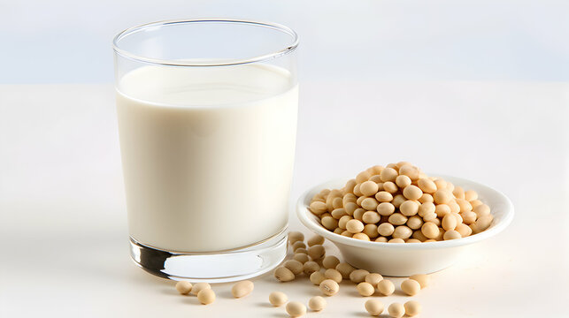 Glass of soya milk surrounded by soya beans on white background, isolated