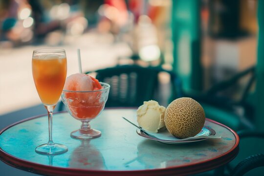 Delicious Melona juice and ice cream enjoyed in an indoor setting with a nice background.
generative ai