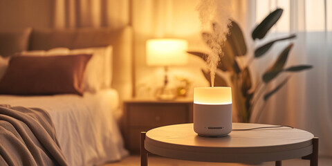 Humidifier on the table at home and spreading steam into the bedroom. Portable humidifier for clean air purification electric aroma diffuser. - obrazy, fototapety, plakaty