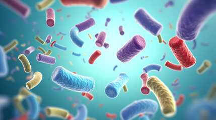 Various shapes of bacteria, probiotics under microscope, science, medicine concept background