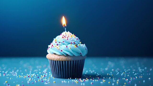 Birthday Cupcake With Burning Colorful Candle on Pastel Blue Background