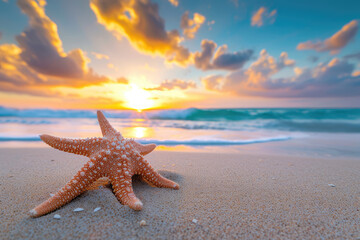 Fototapeta na wymiar Starfish and sand on tropical beach and ocean at sunset