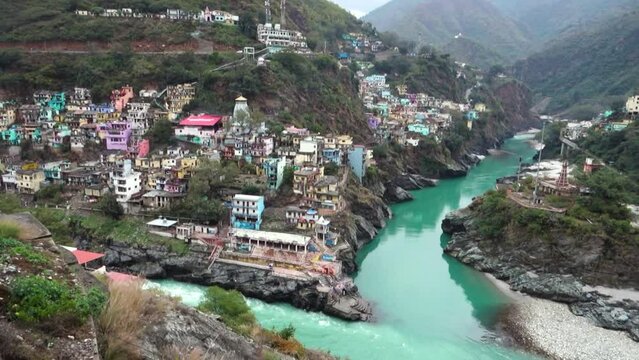 January 24th 2022. Uttarakhand India. Cinematic shot of Confluence or sangam at Devprayag. Holy rivers Bhagirathi and Alaknanda merge into one and take the name Ganga.