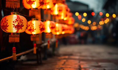 Traditional Chinese lanterns illuminating a street for Lunar New Year celebration, representing...