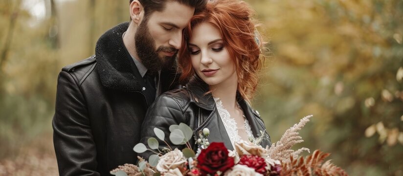 Attractive pair embracing outside for wedding pictures, with a stylish woman in red hair, leather jacket, and bridal gown, alongside a handsome, bearded man in a coat.