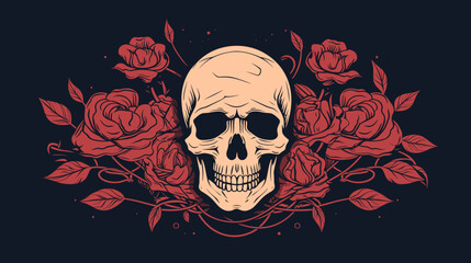 Skull and roses vector illustration  combining elements of life and death in a balanced and symbolic composition. simple minimalist illustration creative
